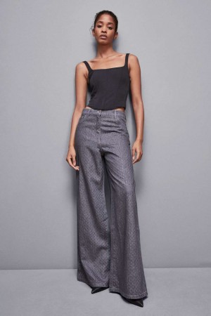 Patrizia Pepe Gray Wide Leg Low-waisted Jeans With Rhinestones Grau | NFLXTR-784