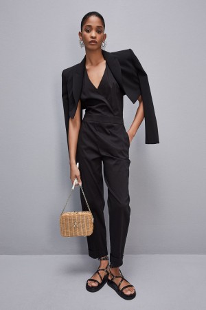 Patrizia Pepe Long Jumpsuit In Stretch Cotton-blend Poplin Schwarz | FNGIOB-490