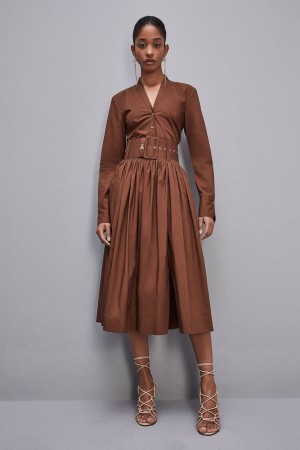 Patrizia Pepe Midi Flared Skirt With Belt Braun | QOZMNB-768