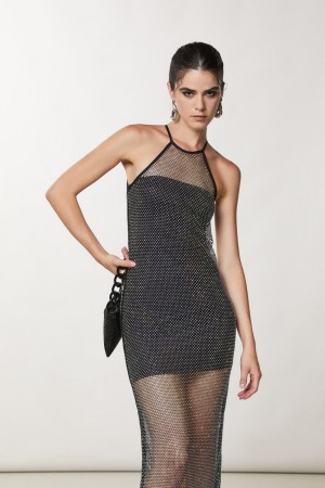 Patrizia Pepe Sleeveless Rhinestone Mesh Dress Schwarz | HLJQBA-829