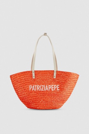 Patrizia Pepe Wide Braided Straw Shopping Bag Orange | JIHZFE-156