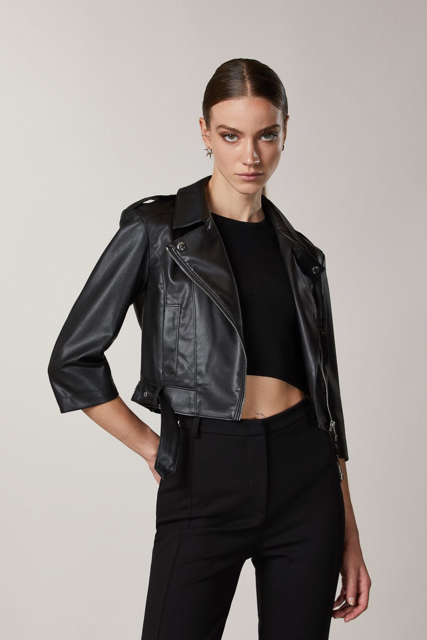 Patrizia Pepe Coated Fabric Biker Jacket Schwarz | ELKWJQ-018