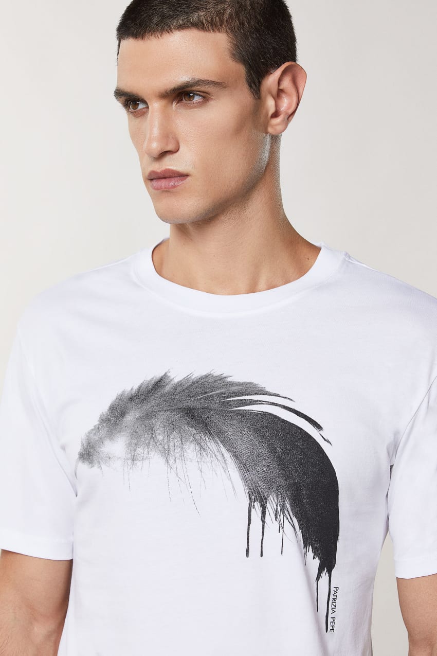 Patrizia Pepe Cotton T-shirt With Feather Print Weiß | TNAYEC-316