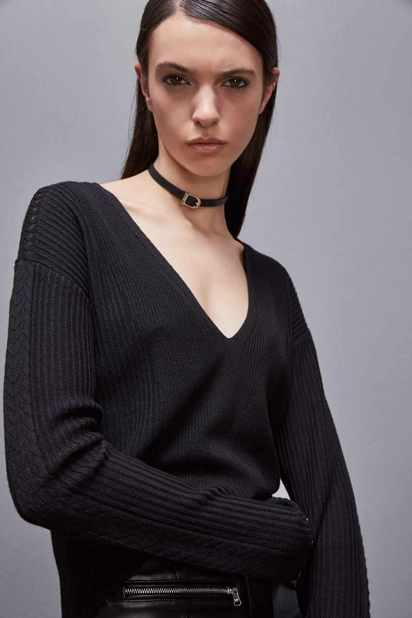 Patrizia Pepe Essential Wool Ribbed Sweater Schwarz | QRKNGZ-230