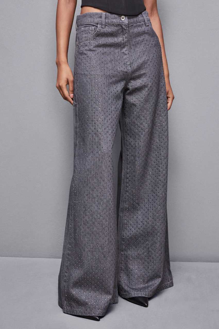 Patrizia Pepe Gray Wide Leg Low-waisted Jeans With Rhinestones Grau | NFLXTR-784