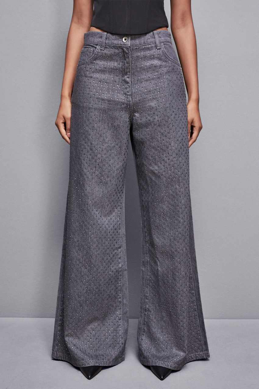 Patrizia Pepe Gray Wide Leg Low-waisted Jeans With Rhinestones Grau | NFLXTR-784