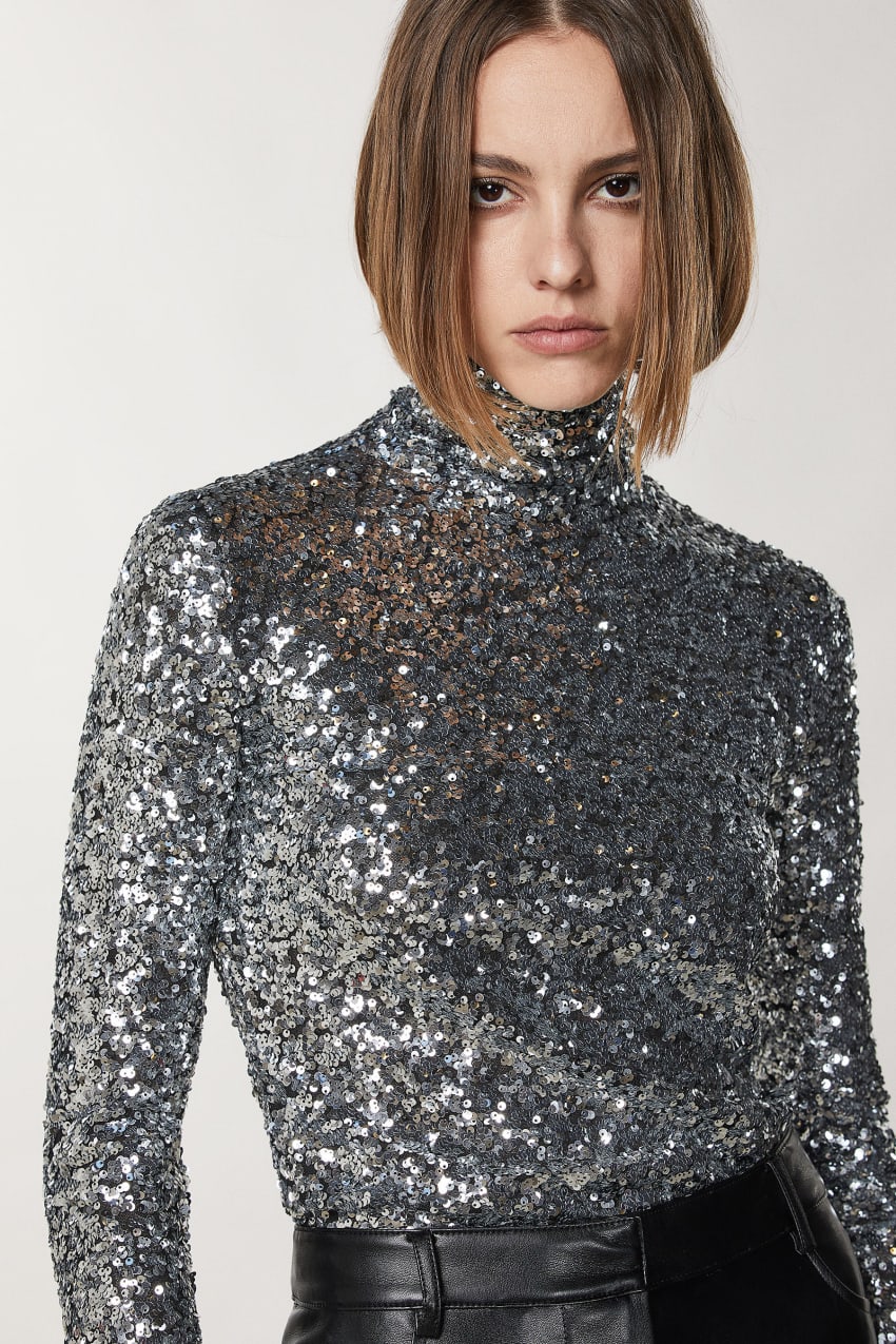 Patrizia Pepe High Neck T-shirt With Sequins Grau | EBTAQO-176