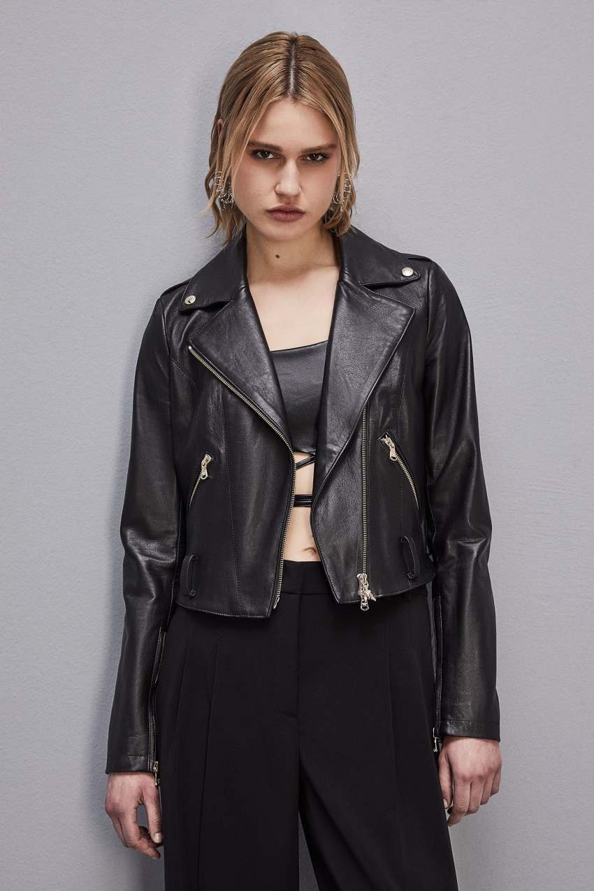 Patrizia Pepe Leather Biker Jacket Schwarz | MHDEYR-657