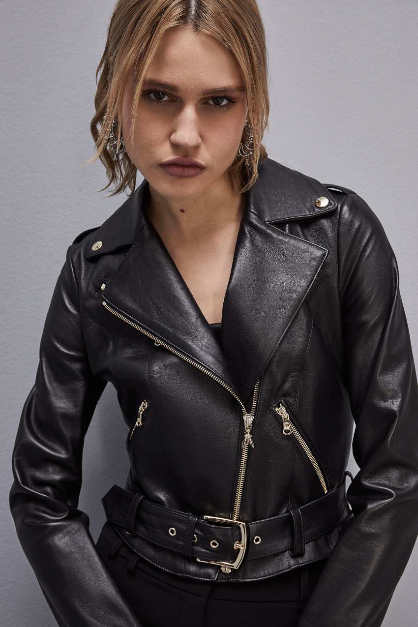 Patrizia Pepe Leather Biker Jacket Schwarz | MHDEYR-657