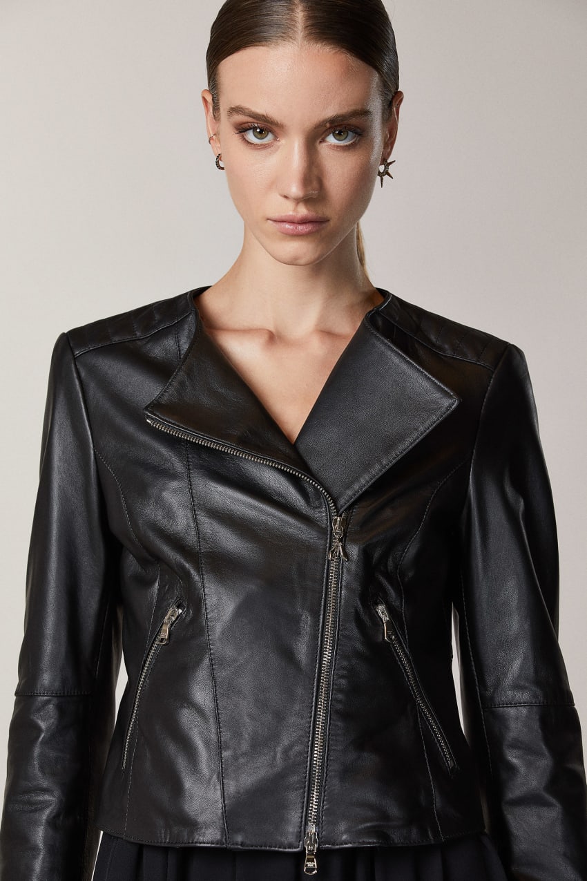 Patrizia Pepe Leather Biker Jacket With Top-stitching Schwarz | XOQRBP-504