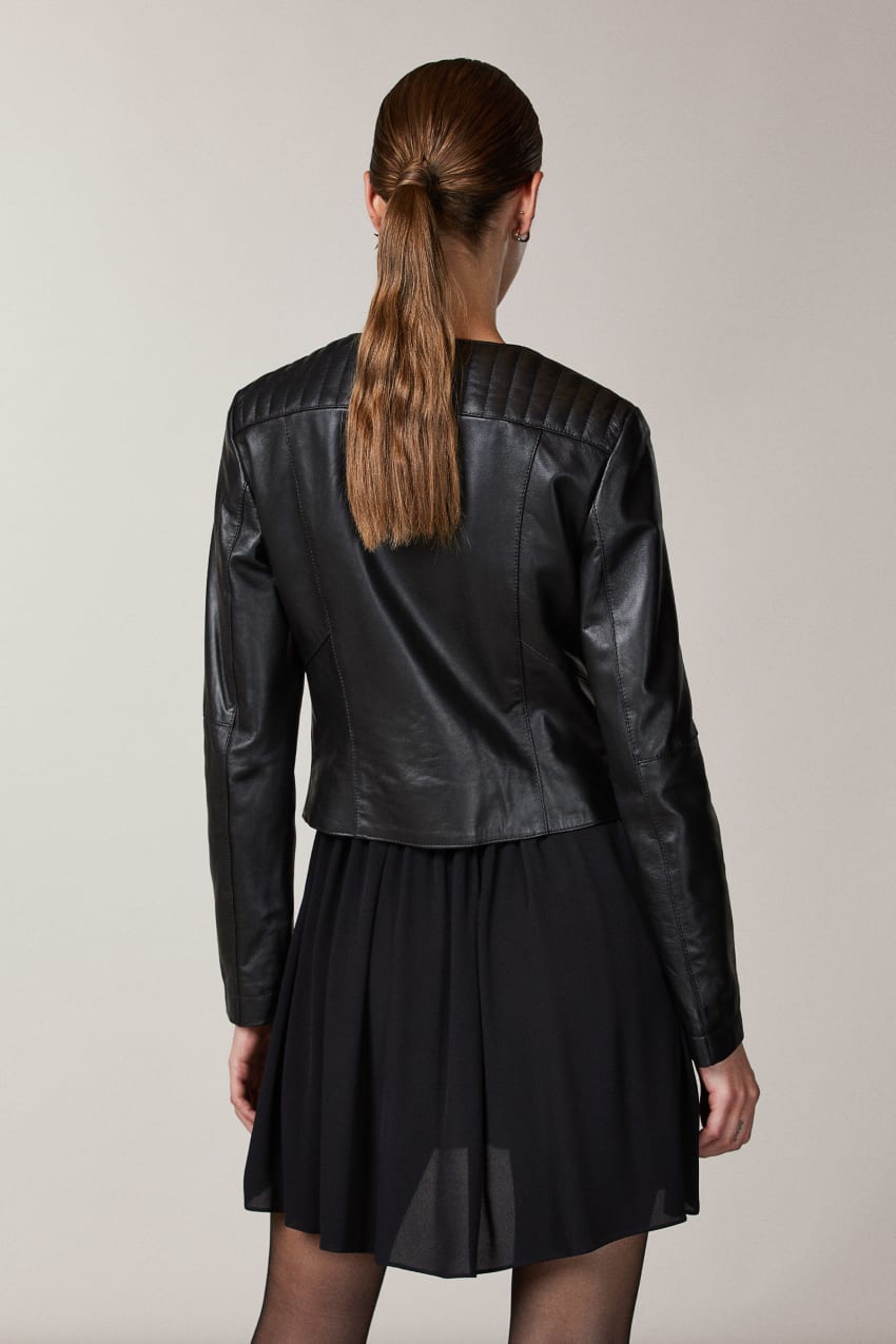 Patrizia Pepe Leather Biker Jacket With Top-stitching Schwarz | XOQRBP-504