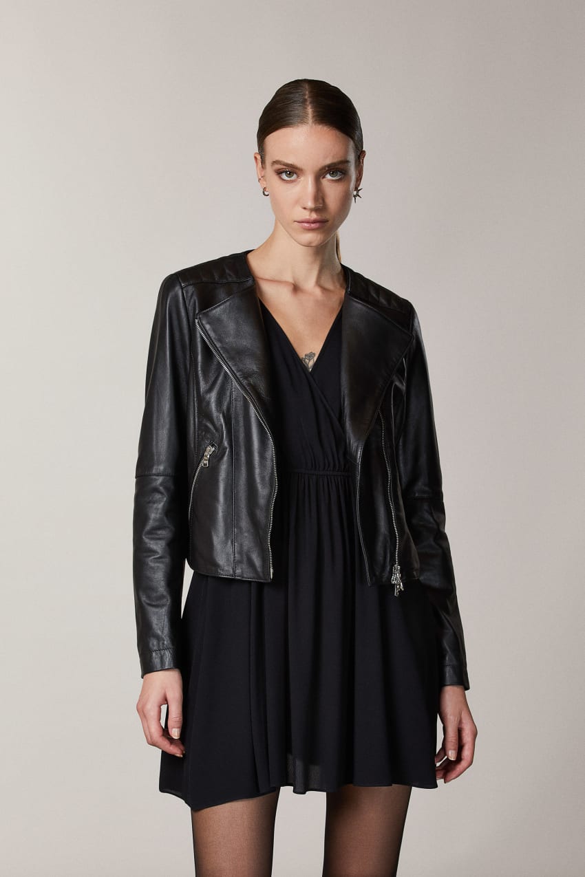 Patrizia Pepe Leather Biker Jacket With Top-stitching Schwarz | XOQRBP-504