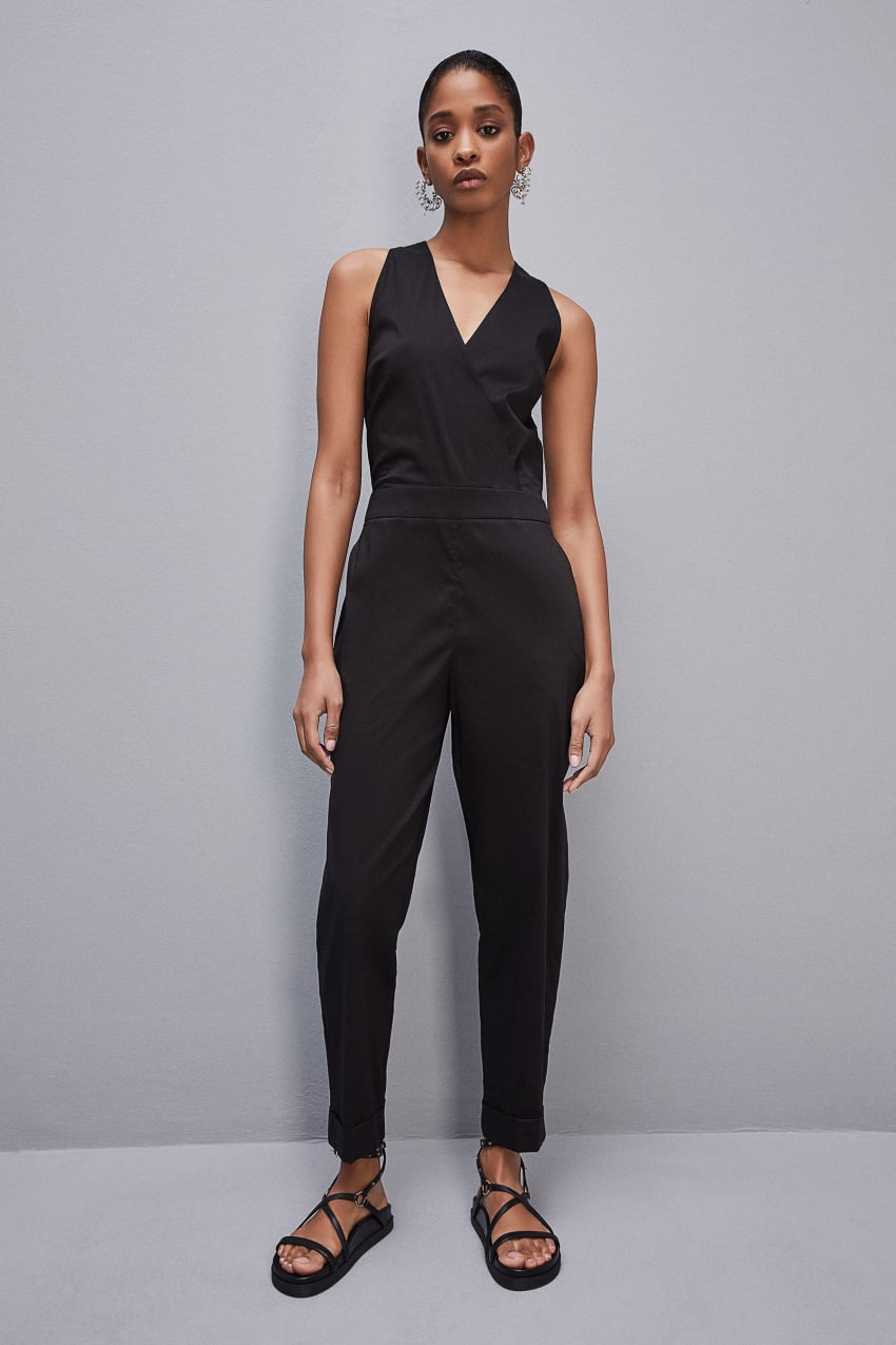 Patrizia Pepe Long Jumpsuit In Stretch Cotton-blend Poplin Schwarz | FNGIOB-490