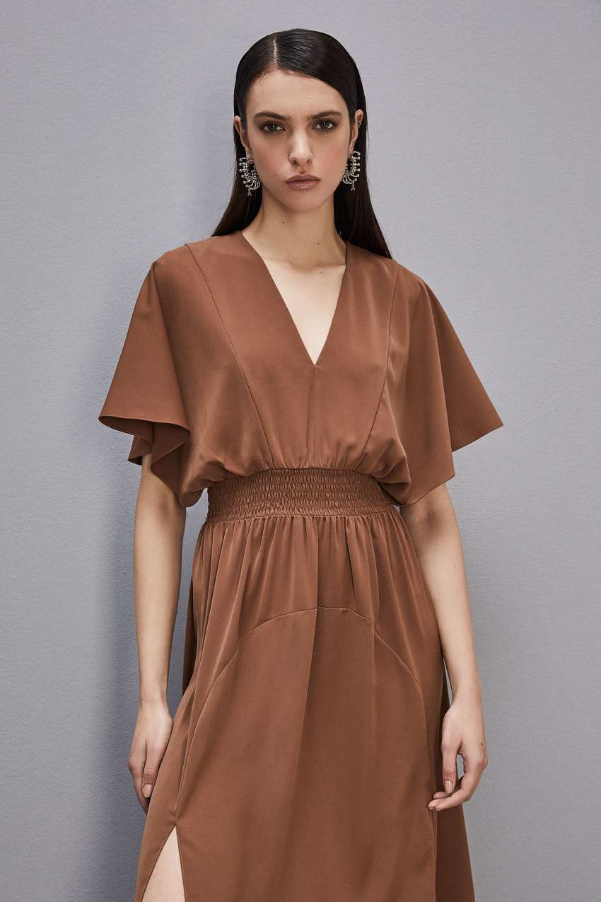 Patrizia Pepe Satin Dress With Smock Stitching Braun | FODNSU-981