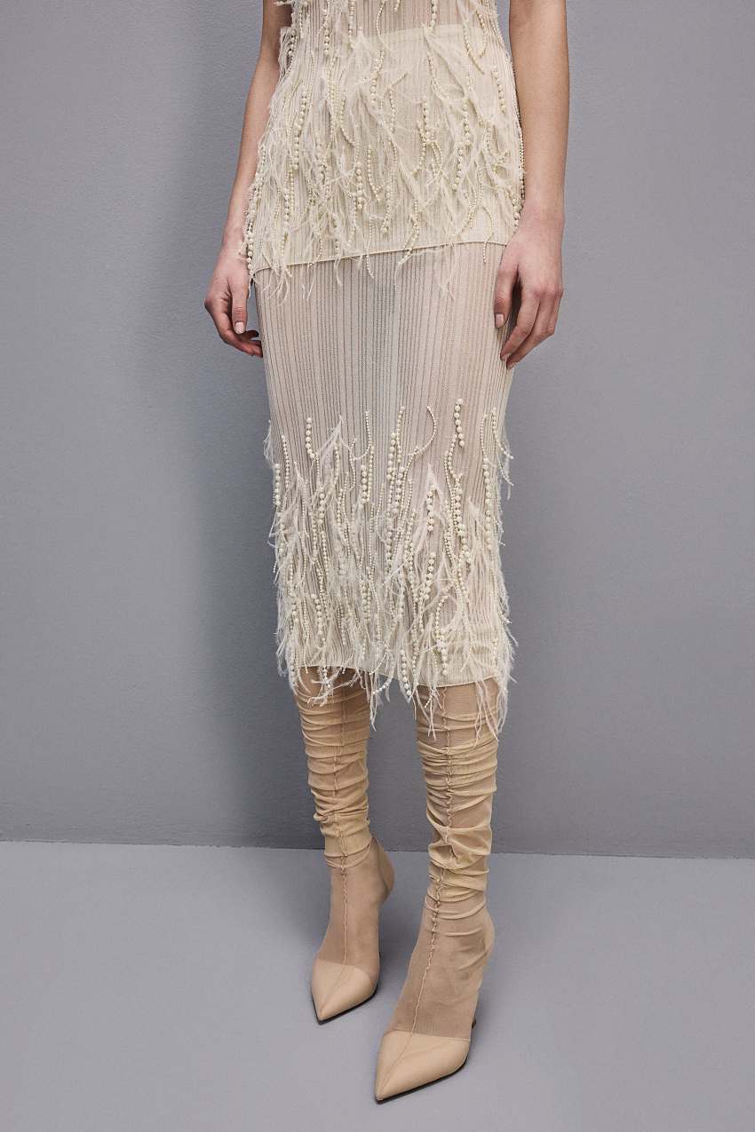 Patrizia Pepe Skirt With Feather And Pearl Embroidery Weiß | QFULBX-816