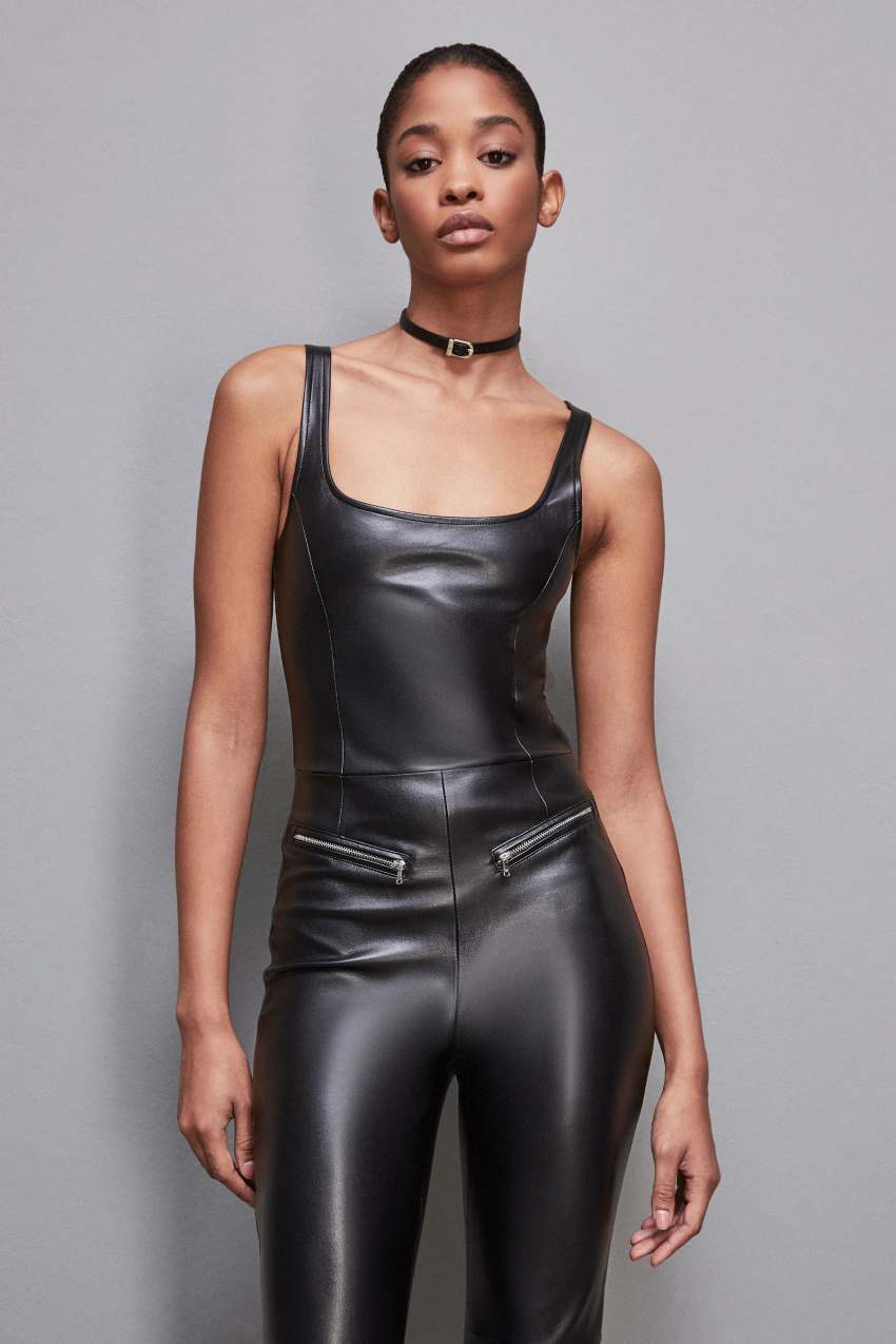 Patrizia Pepe Sleeveless Faux Leather Jumpsuit Schwarz | NCIPTA-560