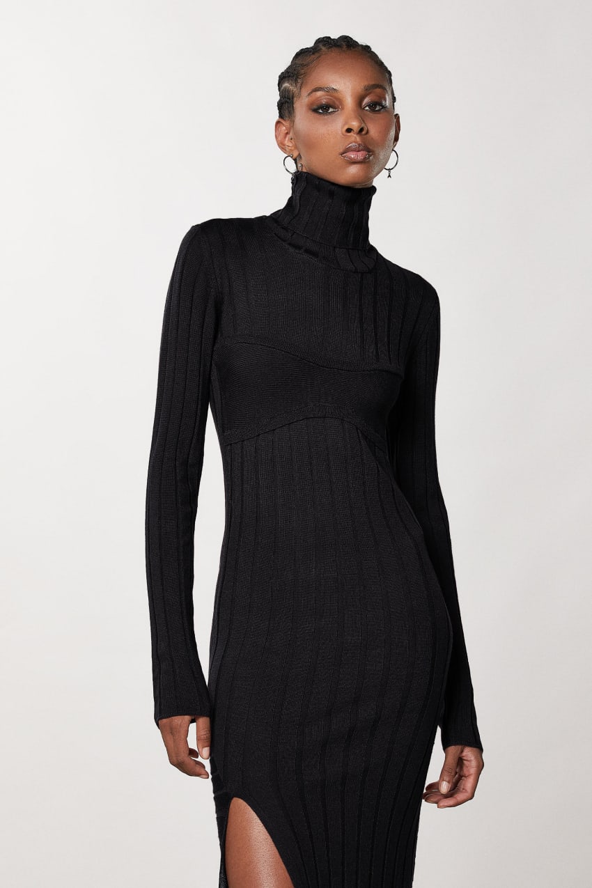 Patrizia Pepe Slim Fit Ribbed Dress Schwarz | TURJYL-325