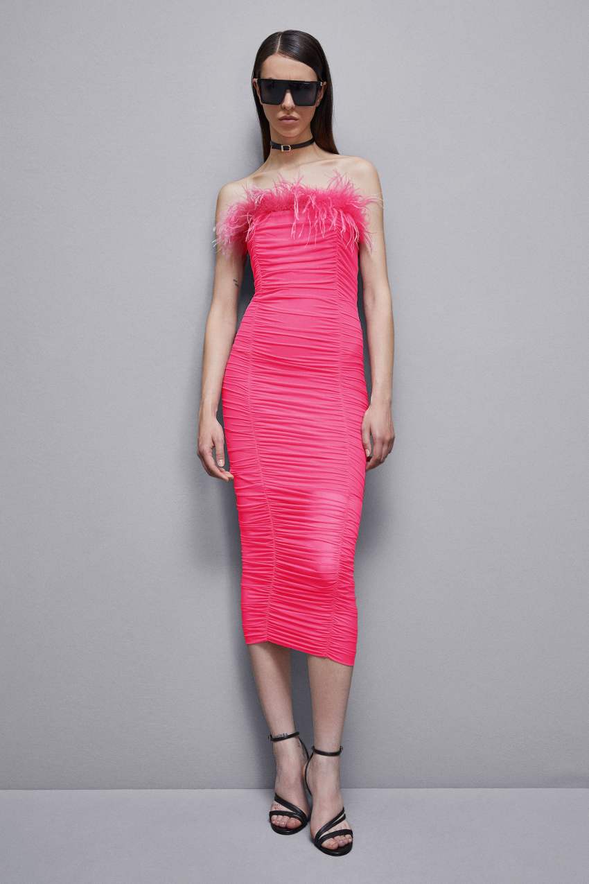 Patrizia Pepe Tulle And Jersey Midi Dress With Feathers Rosa | DNPVXZ-584