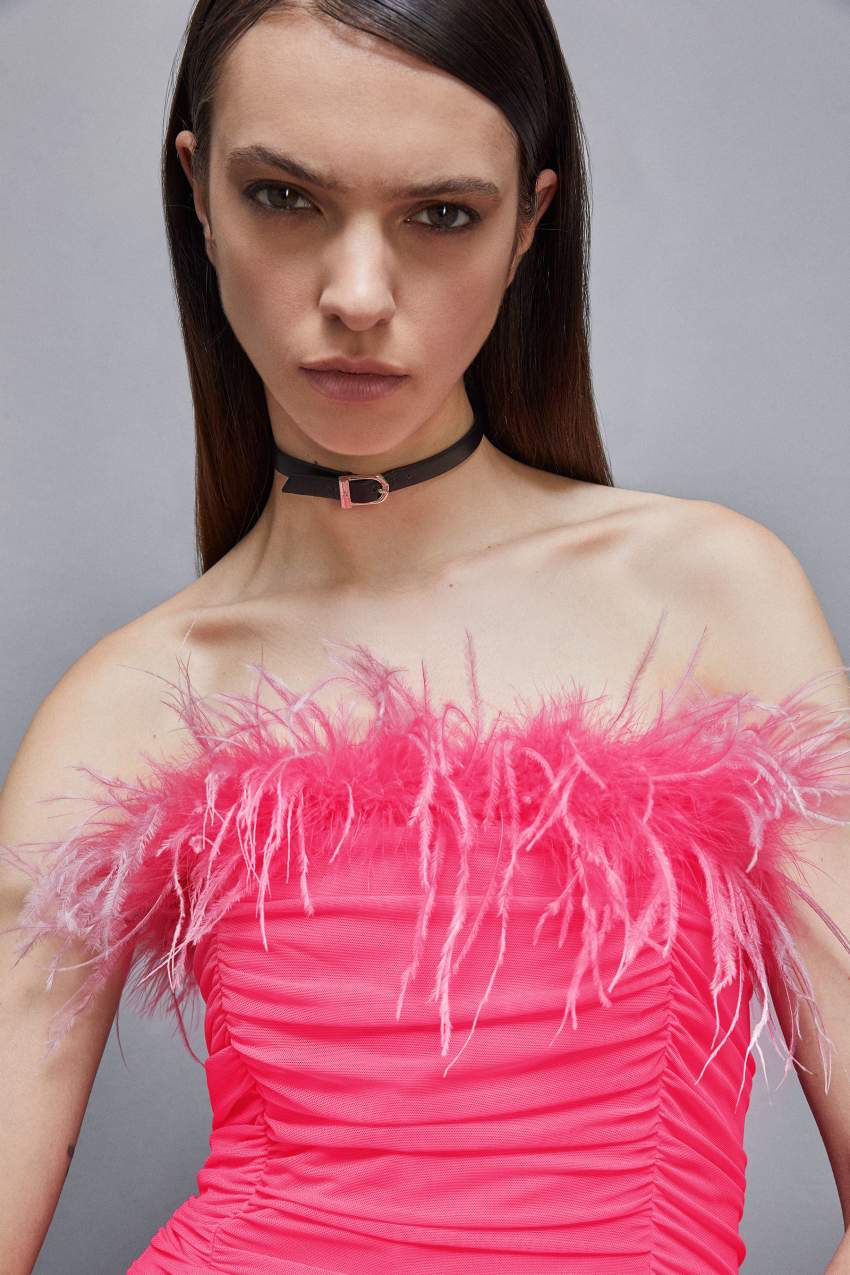 Patrizia Pepe Tulle And Jersey Midi Dress With Feathers Rosa | DNPVXZ-584