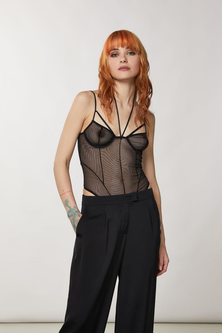 Patrizia Pepe Tulle Bodysuit Schwarz | KWXHGE-932